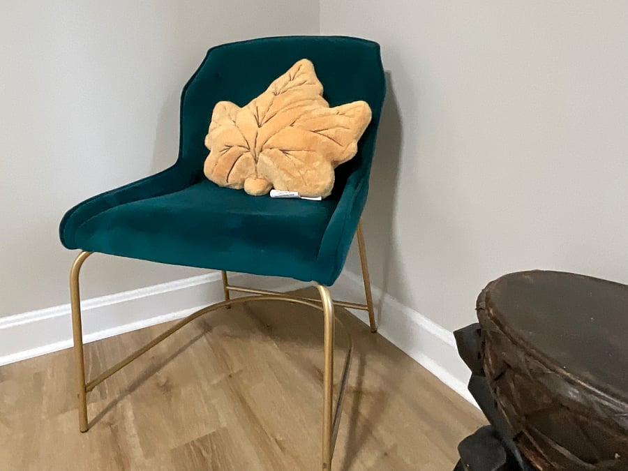 Velvet sitting chair in the 4th.  Drum on stand. (You can play them if you like) A great view for looking out of the window and having time to self. 