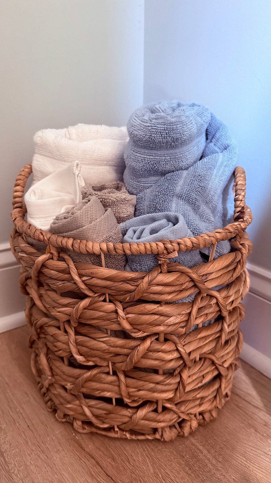 Just extra towels on the floor in the basket for the 2nd bathroom upstairs.   Q-tips are located upstairs.  And paper towels are located downstairs in the closet should you need them. 