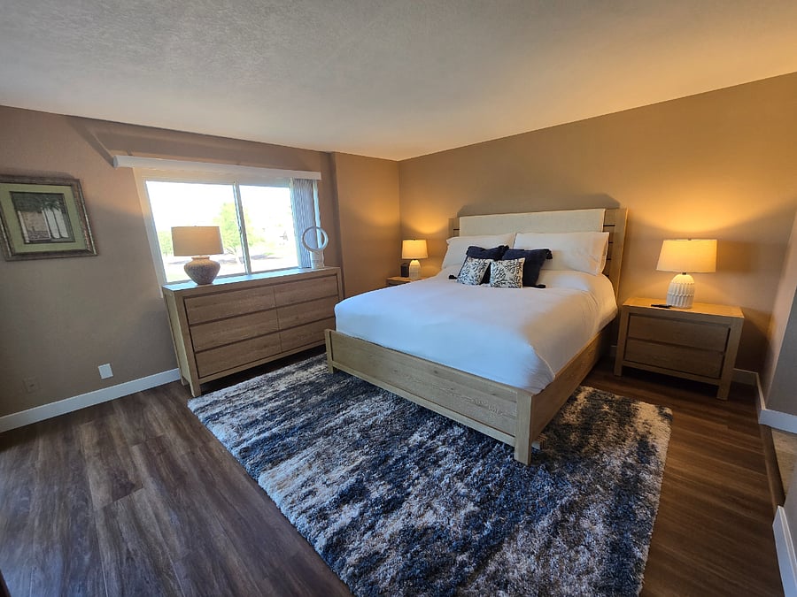 New king size bed with adjustable base. Nightstands have easy access USB ports. Plently of storage space with two closets and dresser.