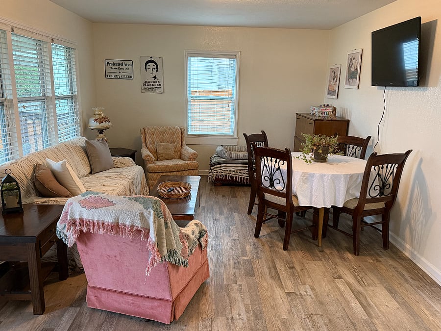 Living Room with Pull Out Couch, Smart TV + Roku, Dining Room Table & Chairs, & Dog Bed Available