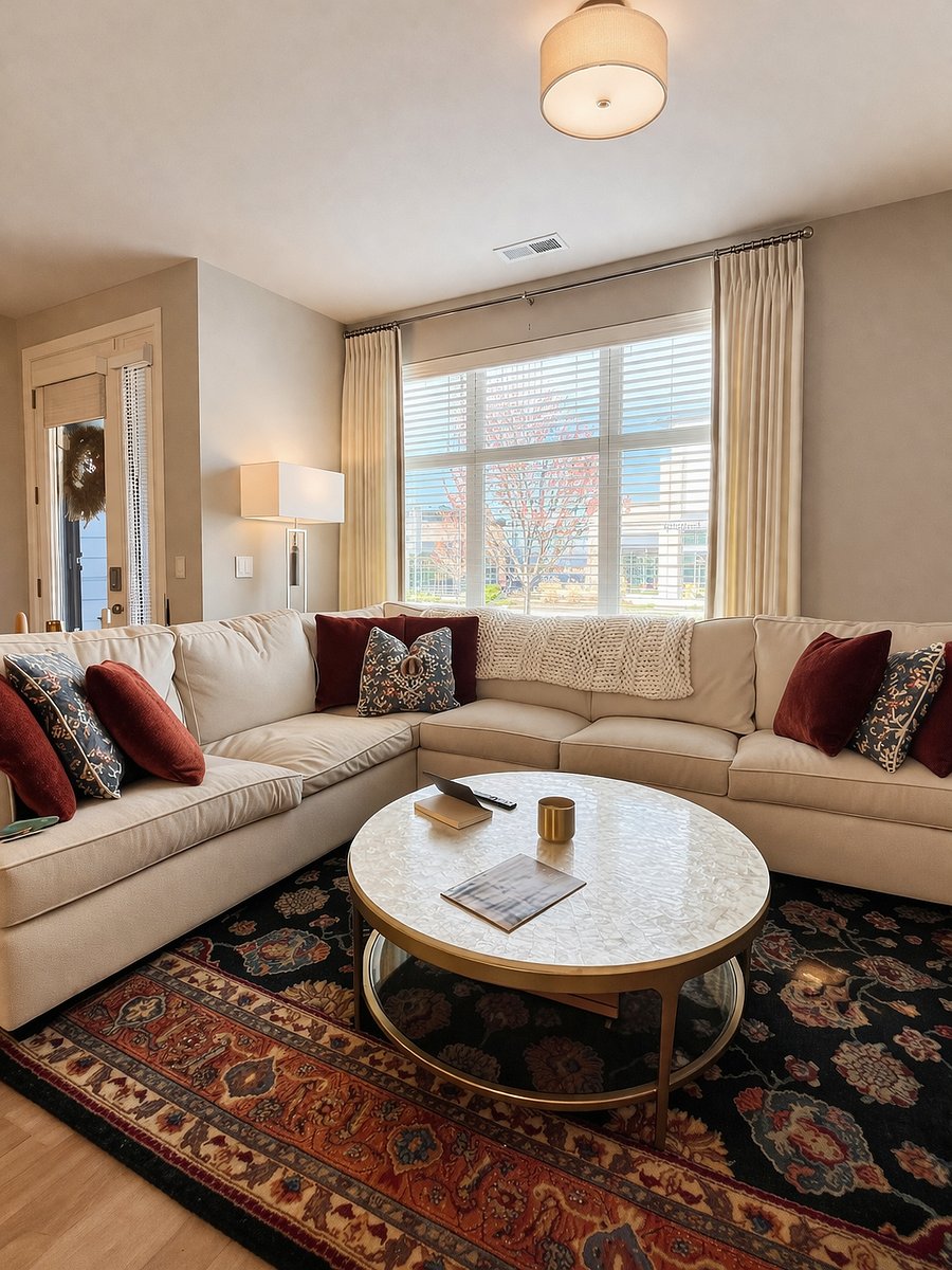 Downstairs shared living room couch and lounge area