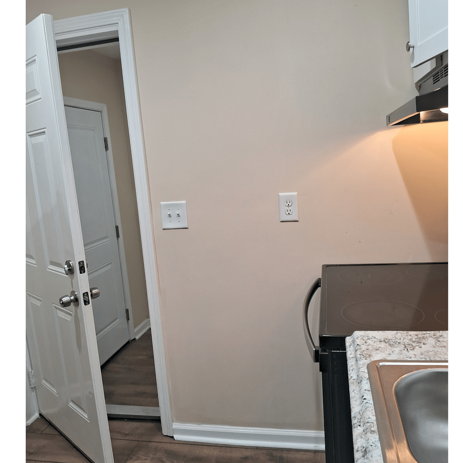 Door from kitchen to laundry room, and back door leading to rear porch and backyard.