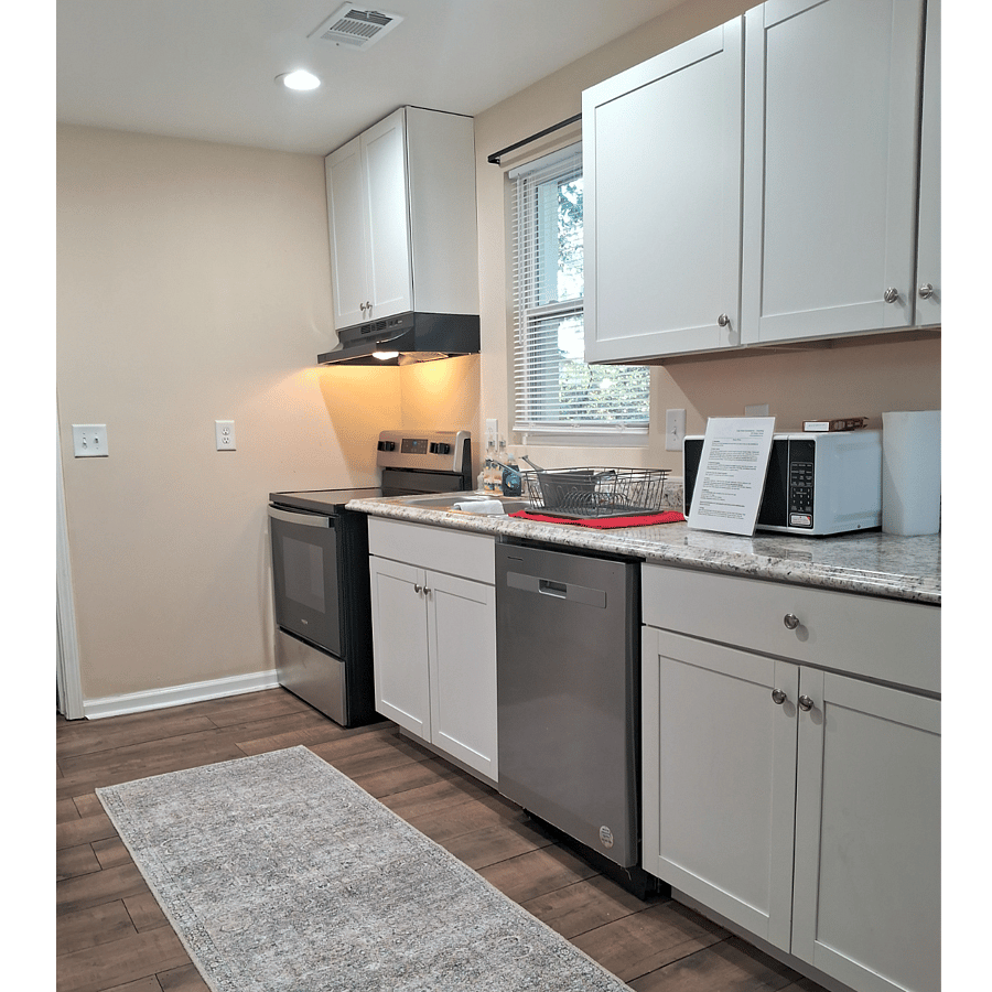 Spacious kitchen with lots of cabinet above and below.