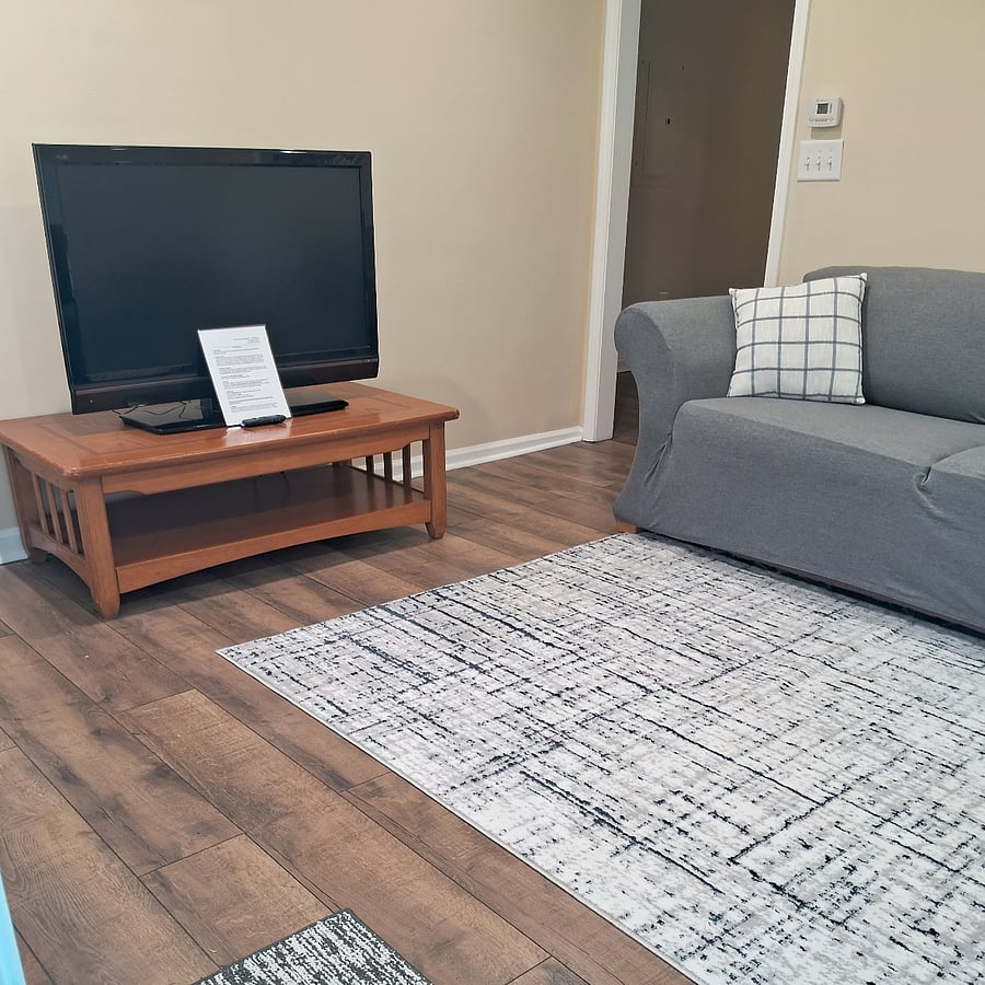 Roku streaming TV. Doorway beyond leads to open central area, bedrooms, kitchen, and dining.