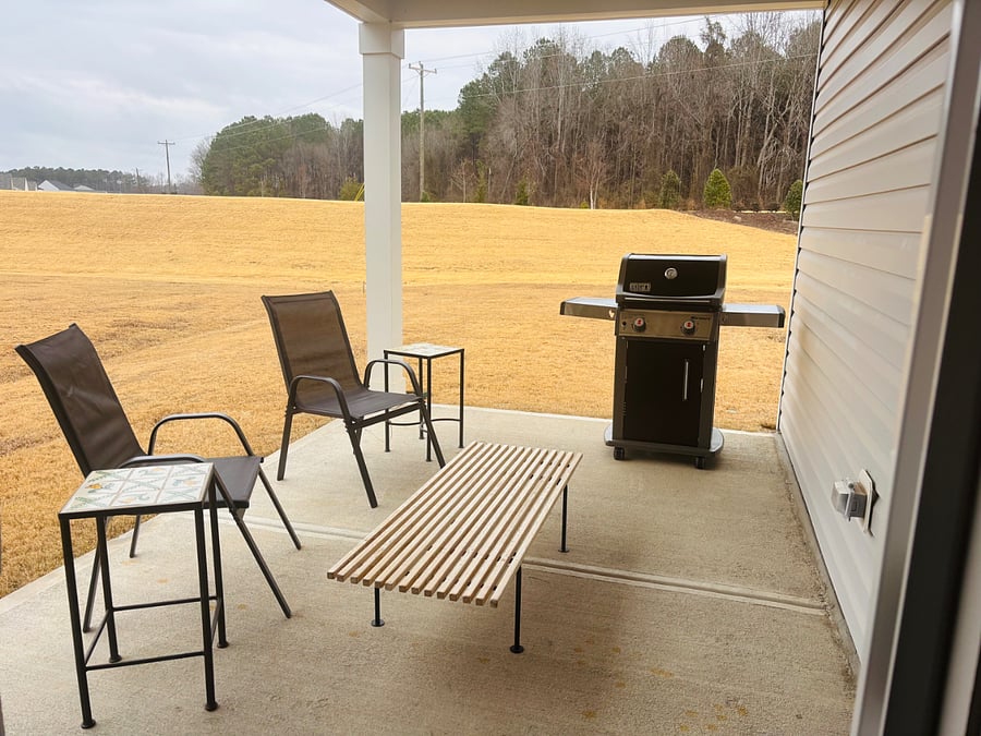 Enjoy our covered patio with chairs, coffee table, gas grill and a large back yard to relax. BTW: we have wonderful neighbors on one side our neighbor has a fence for total privacy.