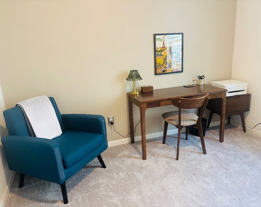 Work space with wireless printer for your convience.