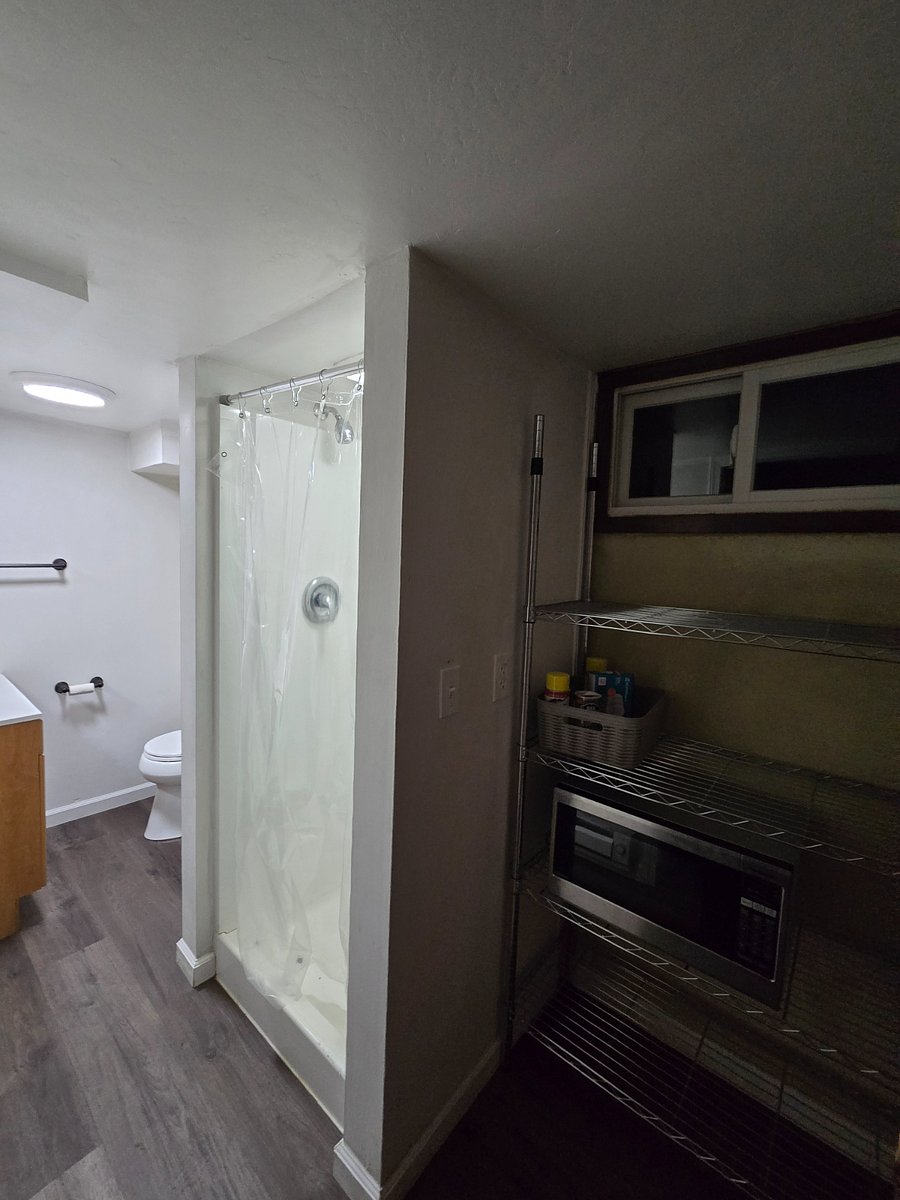 shower and extra bathroom storage.