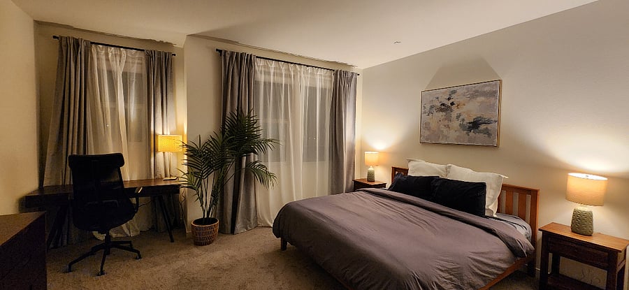 Nighttime view of the primary suite.