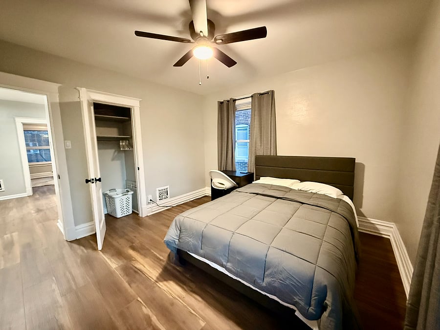 Queen size bed with closet.
