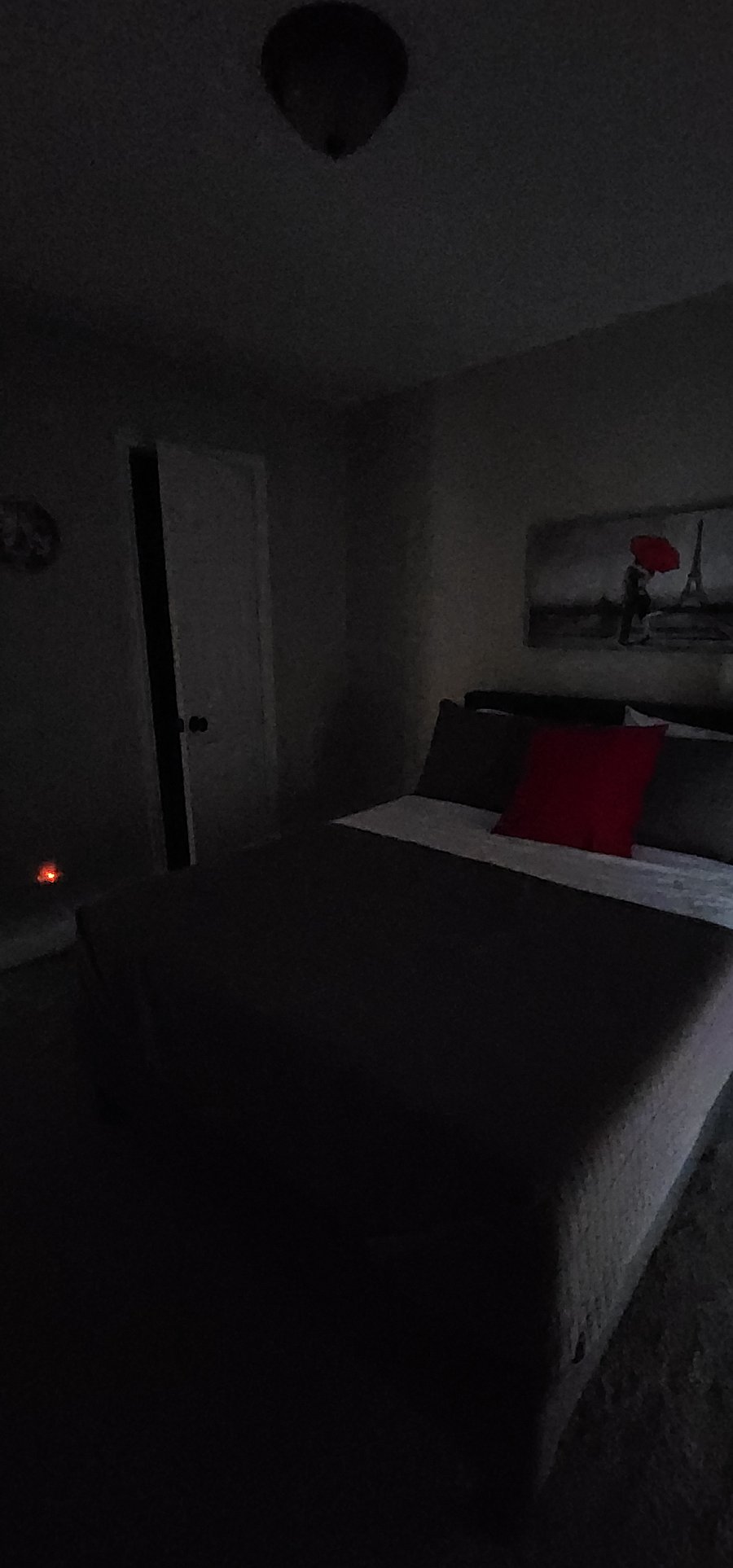 View of the room with curtains in place, taken in the morning on a sunny day.