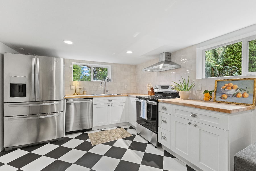 Custom kitchen with full size appliances & butcher block countertops