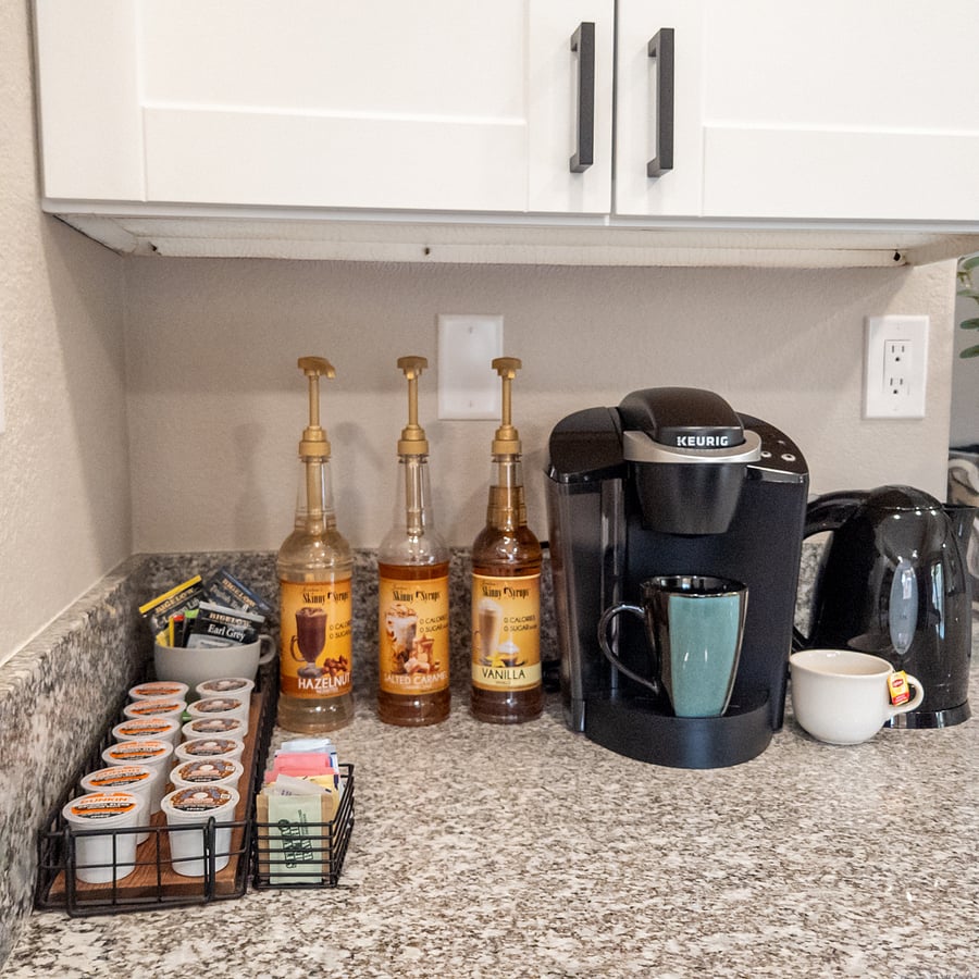 Coffee BarStart your morning with a cup of coffee or tea from the coffee bar. Enjoy the peaceful morning under the covered patio, then head out and explore the lake!