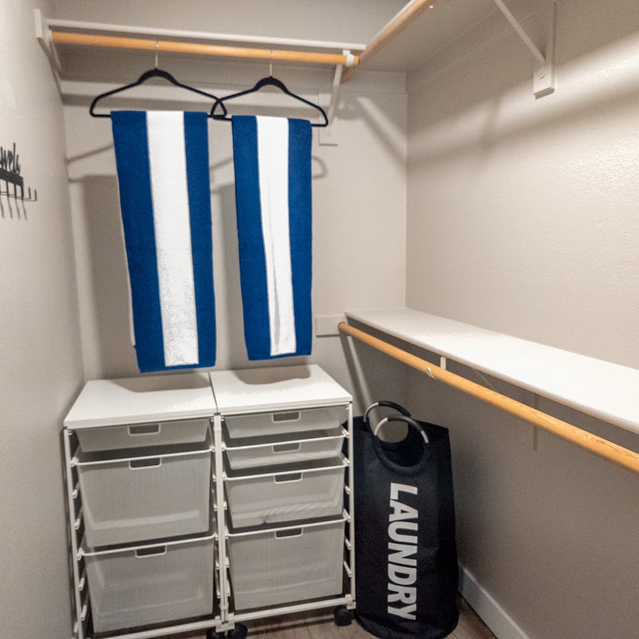 The main bedroom has a walk-in closet with plenty of storage including.