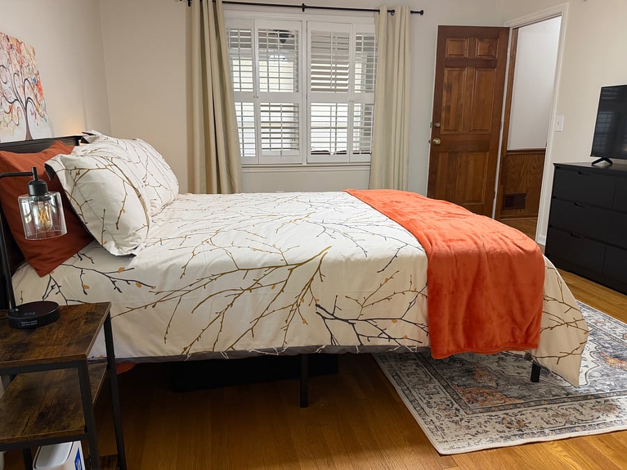 PRIVATE SPACE #1, 4 Rooms: The bedroom has a dresser, a desk, a new bed/mattress with USB ports in the headboard, ample space for a sitting area and two closets.
