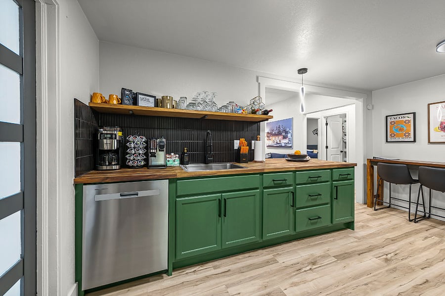 All the kitchen amenities you'd need, just bring your favorite foods.  