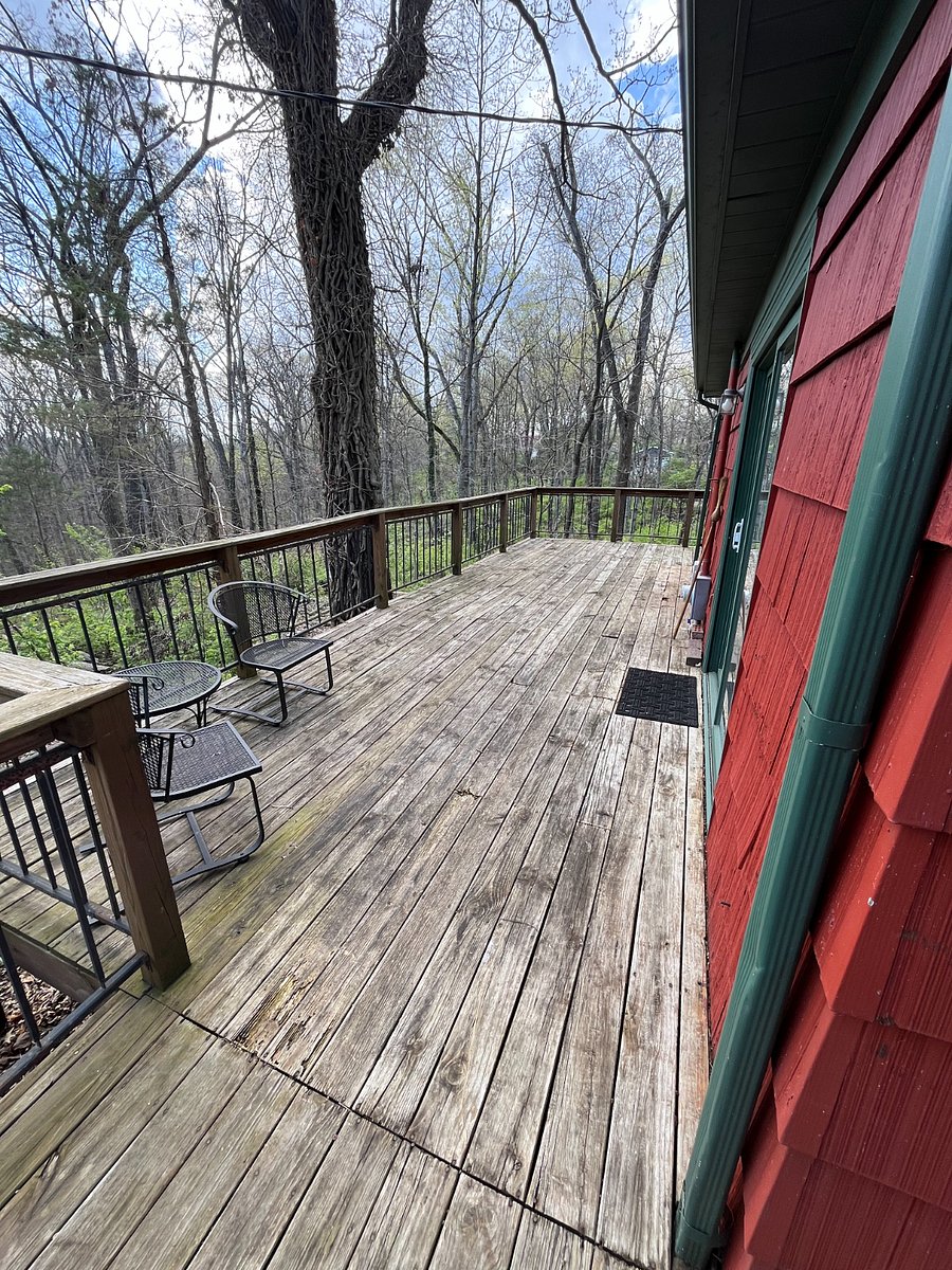 large deck against the woods out back