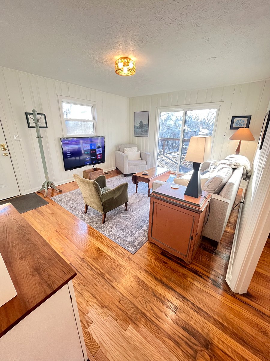 spacious living room with 64" Roku tv