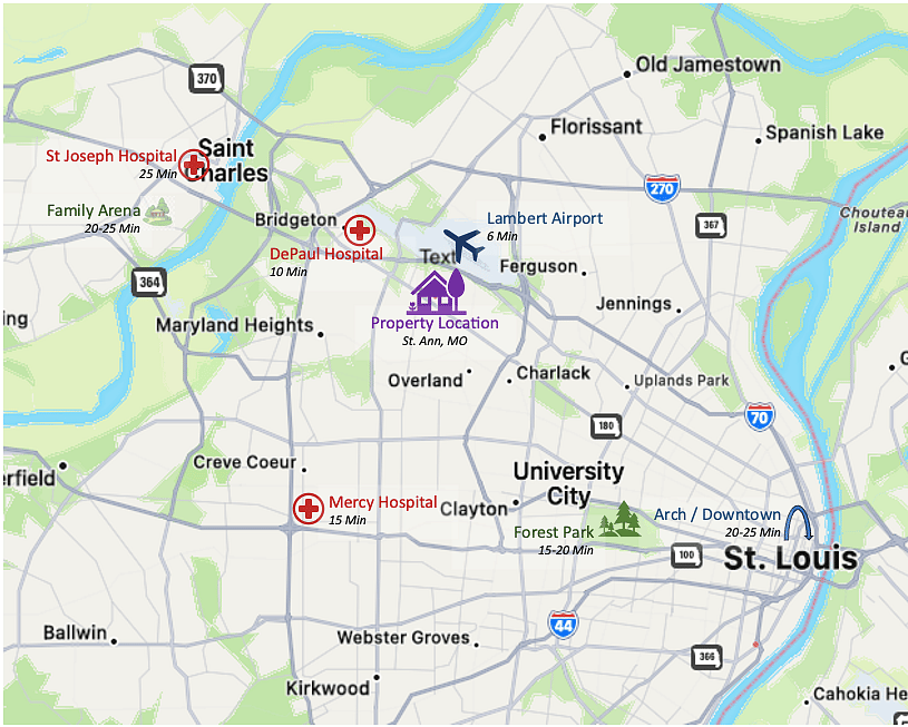 Get your bearings for the proximity of where this property lies in the metro St. Louis area and that it is typically a 15 to 20 minute drive to get anywhere due to its location along major arteries