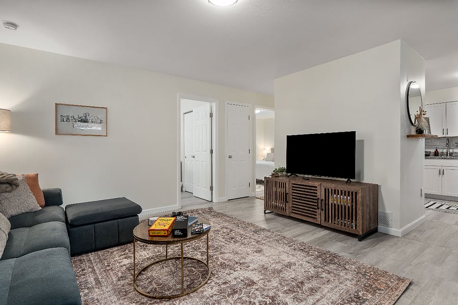 Smart TV, board games, and a cozy sectional make this space ideal for unwinding after a long shift.