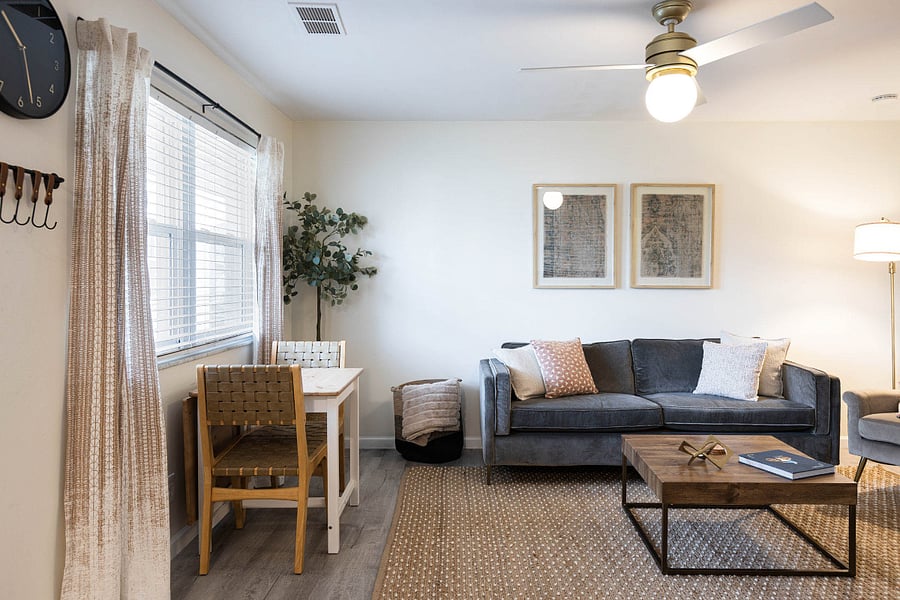 Bright living space with natural light and cozy seating