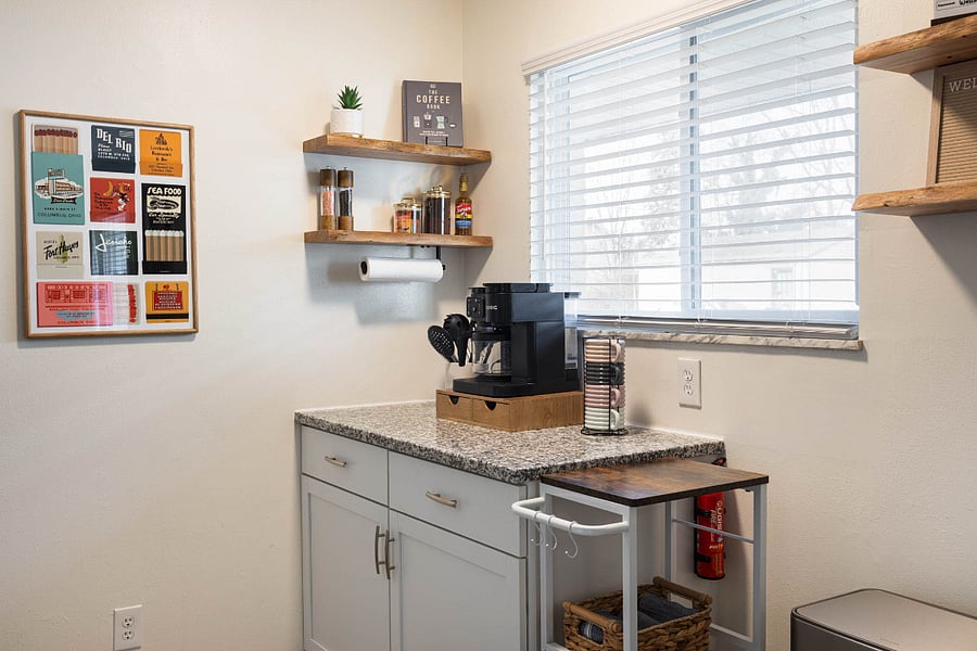Coffee and tea station with Keurig (K-Cup and drip options) and starter supplies provided