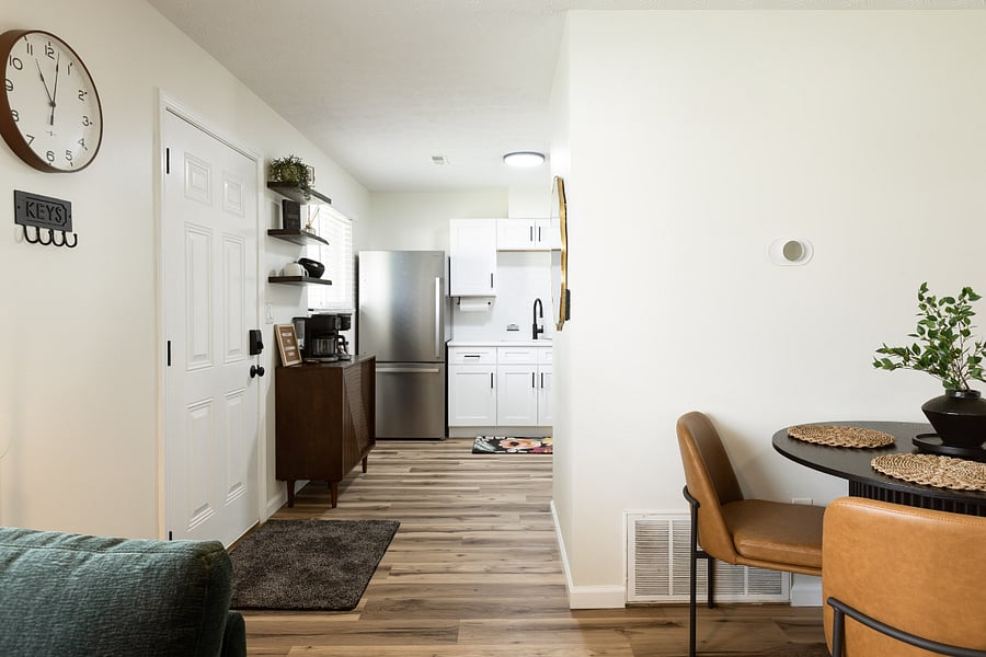Open layout connecting kitchen and living areas.