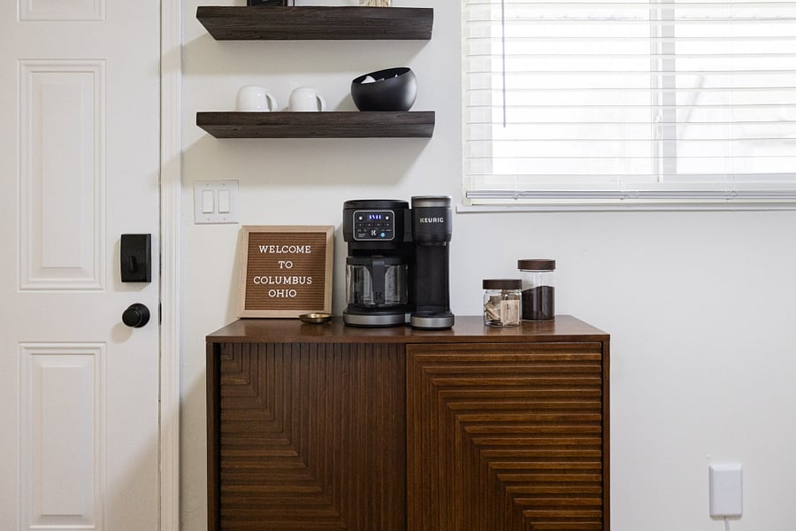 Dedicated coffee station with Keurig and essentials for your morning routine.