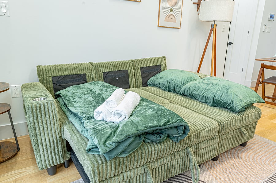 Comfortable sofa seating with TV and natural light. Extra Sleeping Arrangement
