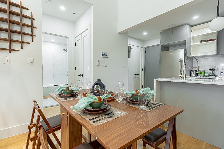 Dining table set for fourideal for meals, work sessions, or hosting.