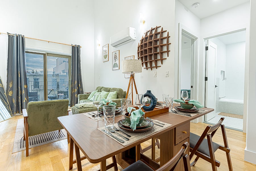 Dining table with city viewsnatural light throughout the day.