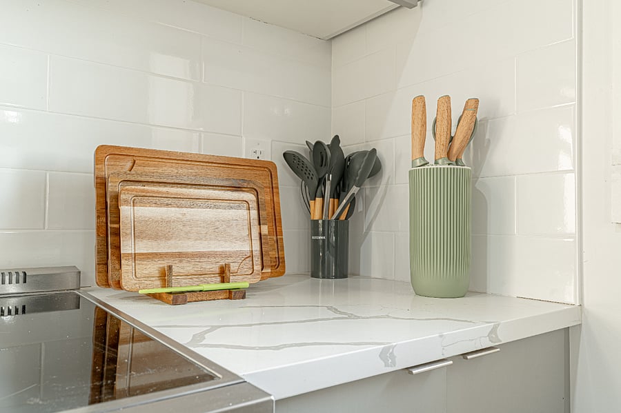 Kitchen essentials providedcookware, utensils, and cutting boards included.
