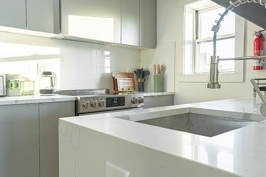 Spacious kitchen countersample room for cooking, prep, and storage.
