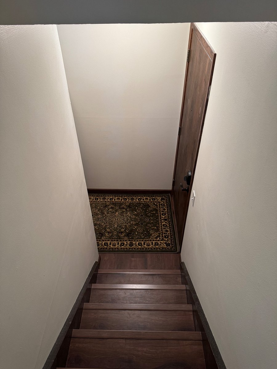 Entrance to unit, standing in the living room area looking down the stairs.