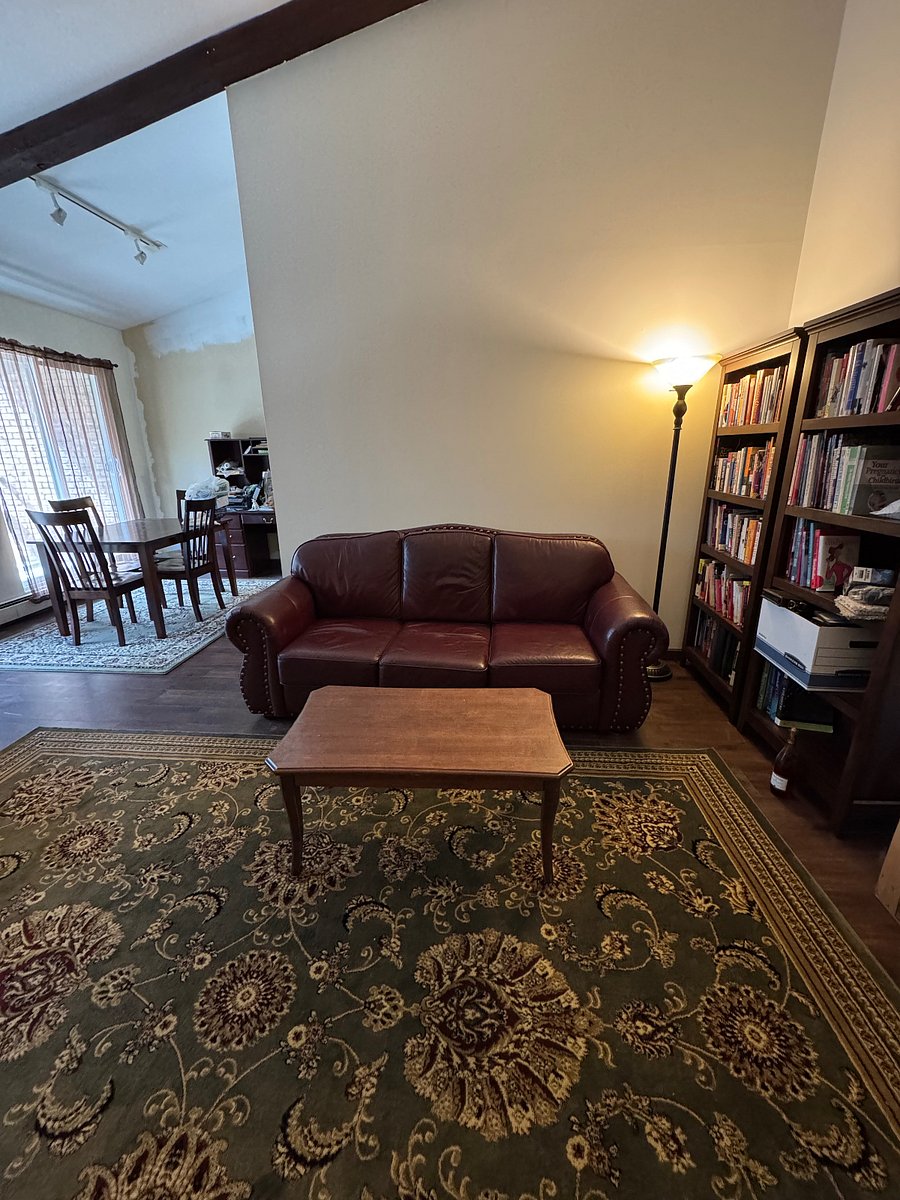 Main living area, standing next to the fireplace. They books on the shelves are welcome to be read!
