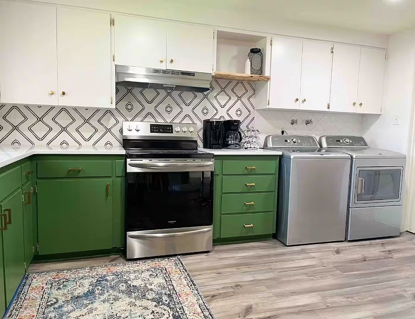 Full size washer and dryer in unit.