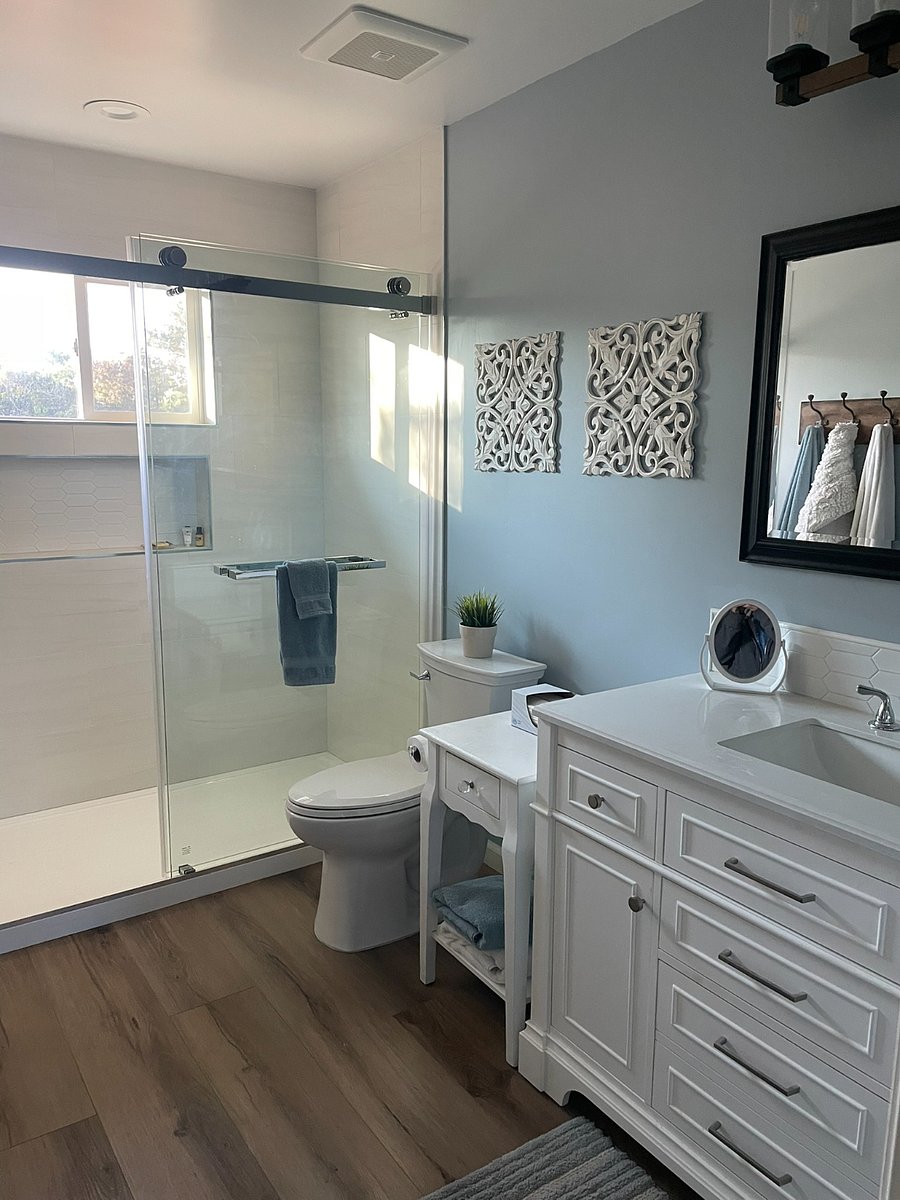 guest bathroom, walk in shower, storage, single vanity