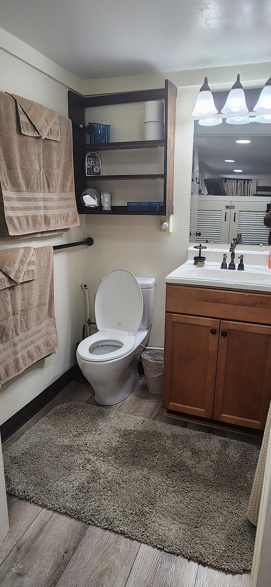 Starter supply of Hand Soap, Toilet Paper, Cotton Balls, Cups and Cleaning Supplies included. There is Magnifier Mirror and First Aid Kit. We can wash towels weekly if you wish.