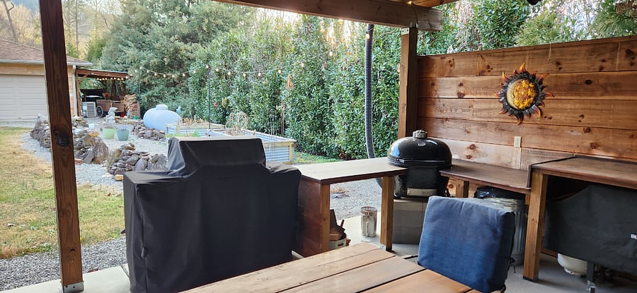 Enjoy the grill, The first Propane Tank fill is included, The raised bed gardens beyond the grill is full of Veggies we share when in season