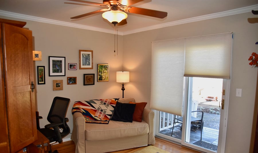 Second room with desk, fold out sofa (full) and access to back yard