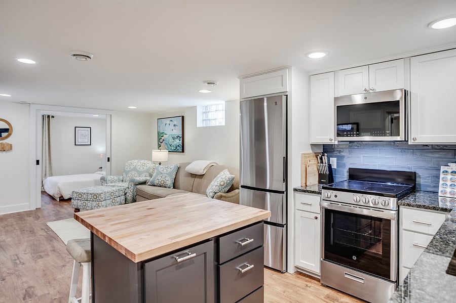 Guests are provided with a variety of coffee pods, a starter amount of regular ground coffee, an assortment of teas, and an assortment of sweeteners. Also provided are olive oil, salt, pepper, and a variety of cooking spices.