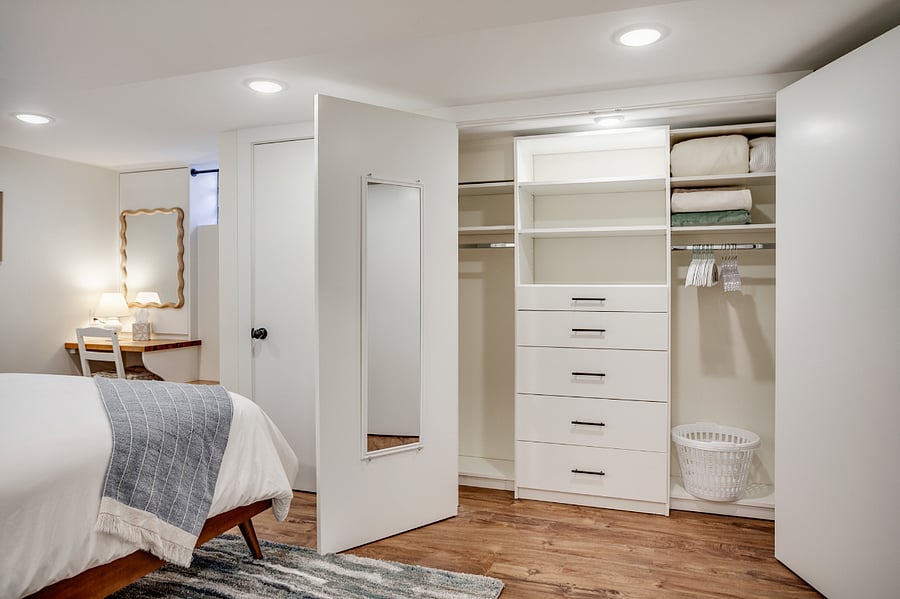 Ample closet space with two closets and plenty of drawer and hanging space.