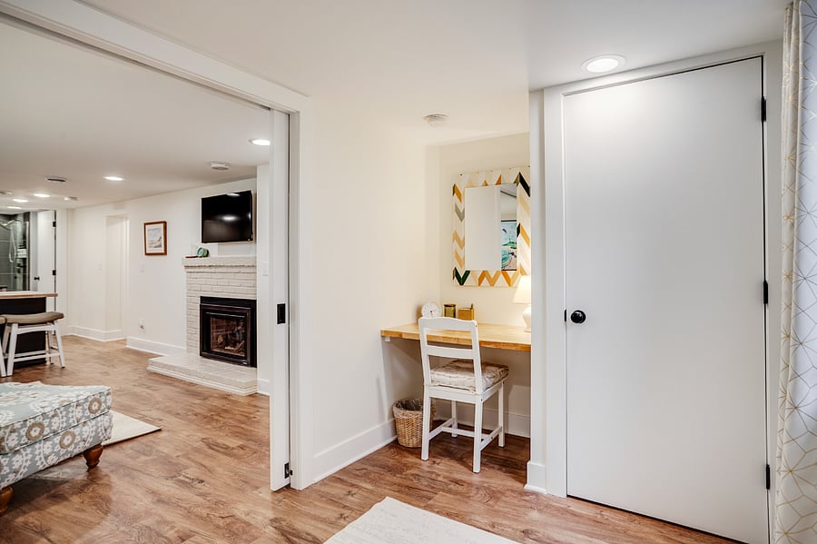 Desk area with outlet for a dedicated workspace, if desired.