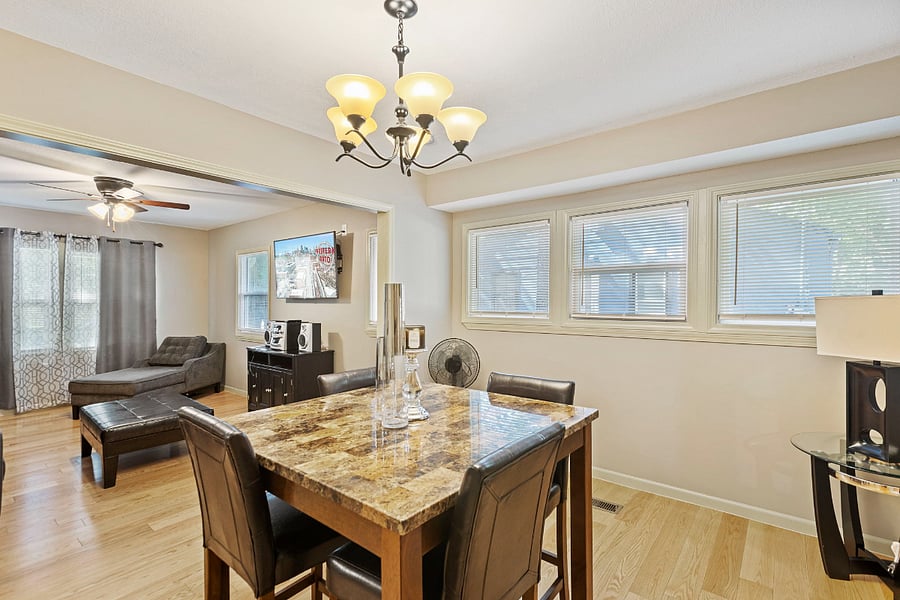 Comfortable dining space with natural light
