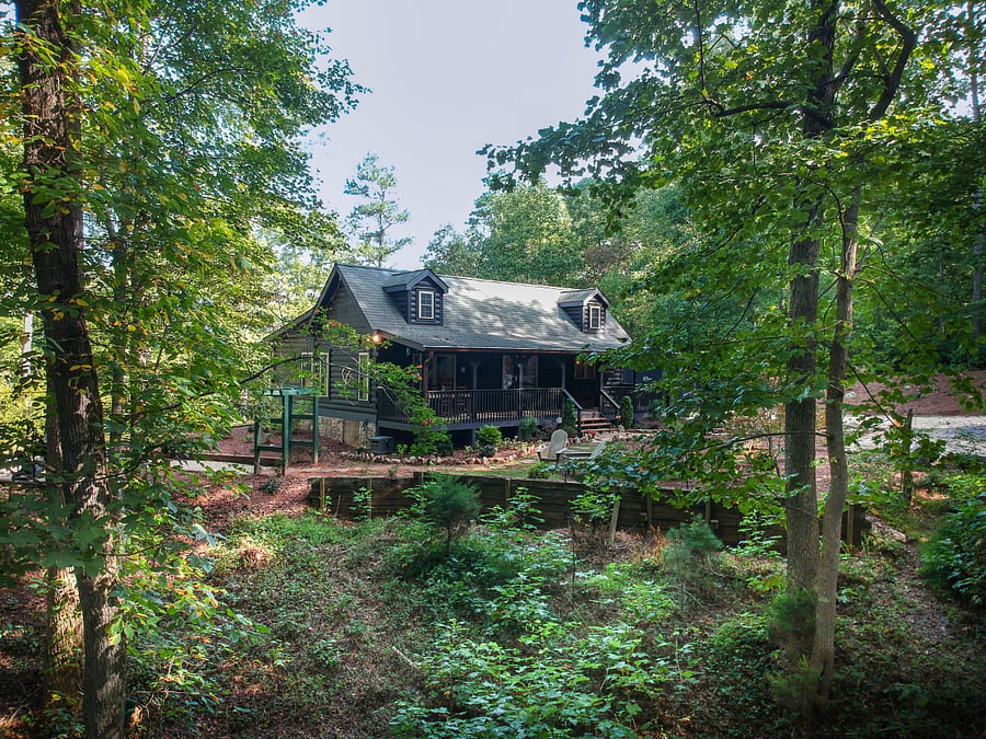 Cabin is nestled in the woods, quiet and private
