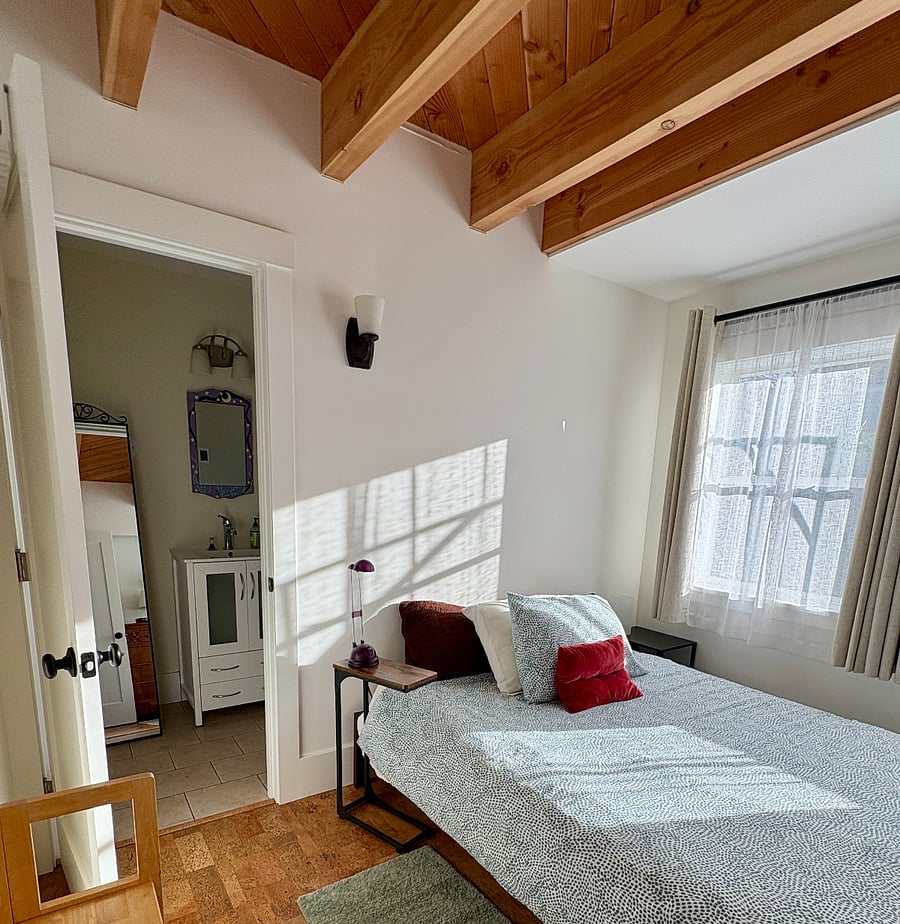 View into small first floor three-quarter bathroom