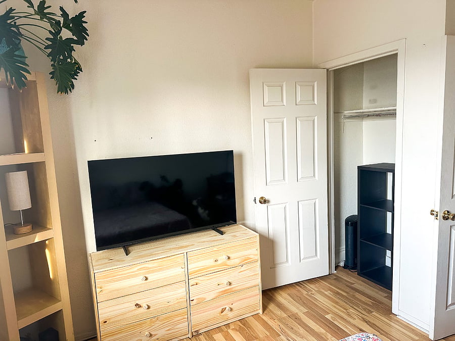 Bedroom includes TV, dresser storage, and closet.