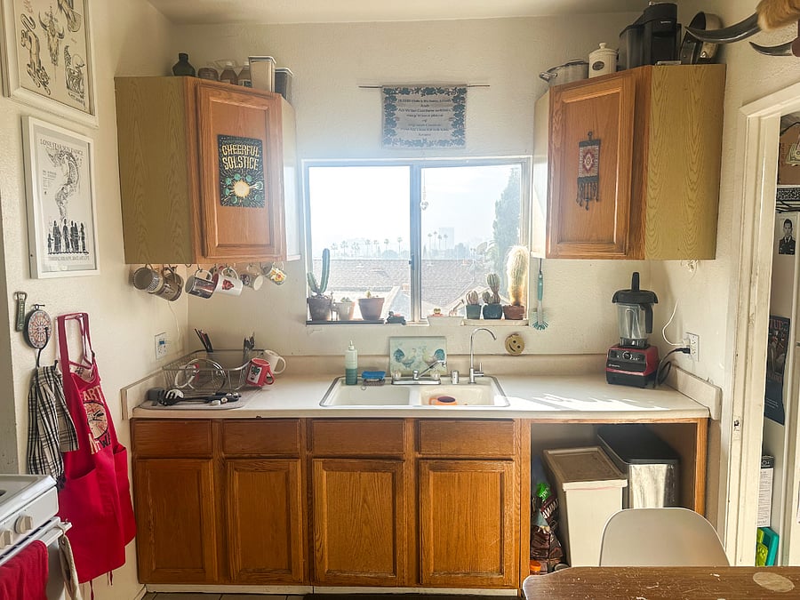 Shared kitchen with ample counter space and a beautiful view. 