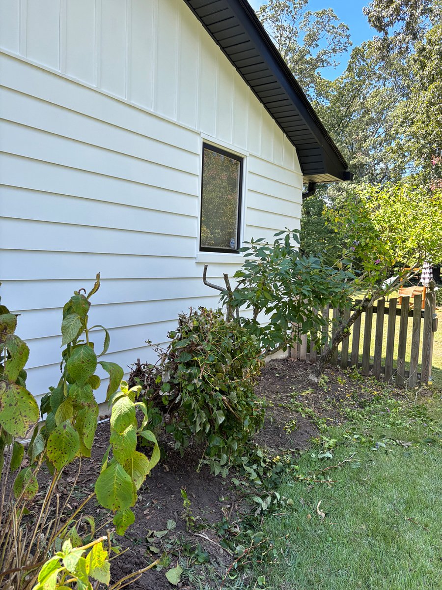 Bedroom window and outside landscaping and fence.