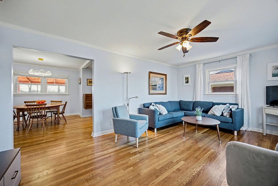 Living room that flows into the dining room/kitchen