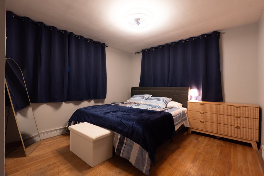 Our curtains are blackout for day sleepers or those that prefer complete darkness for deep sleep. Our high quality king mattress is firm yet gel plush.